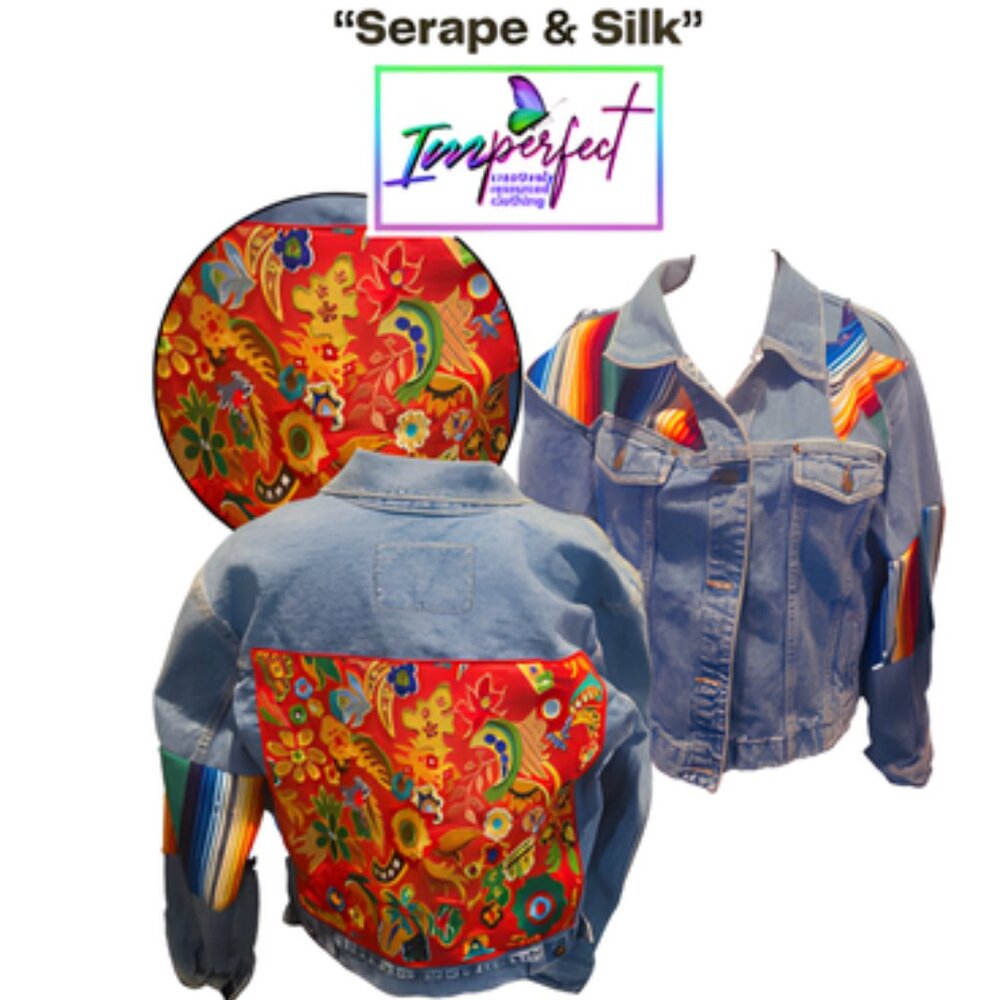 Upcycled denim jacket w/silk embroidery & serape